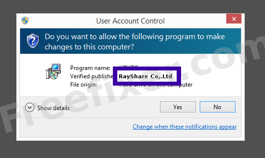 Screenshot where RayShare Co,.Ltd appears as the verified publisher in the UAC dialog
